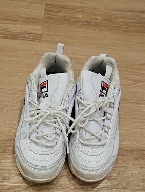 Fila White Leather Sneakers with Red & Navy Logo Accents